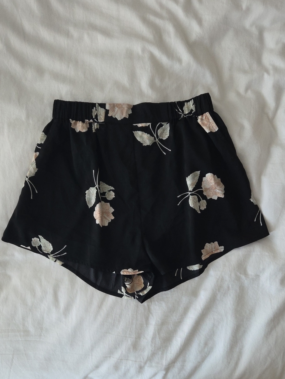 Silky Black Floral Elastic-Waist Women’s Shorts